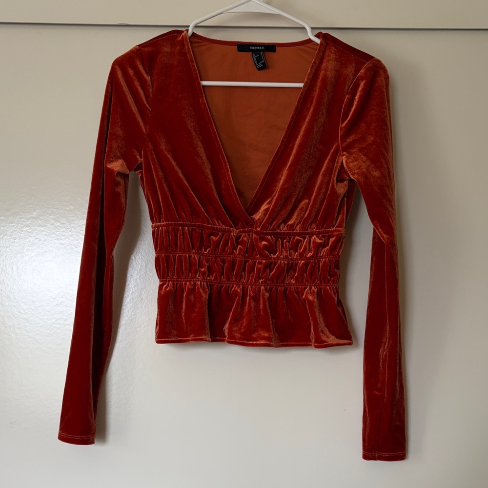 Forever 21 Rust Velvet V-Neck Smocked Waist Top